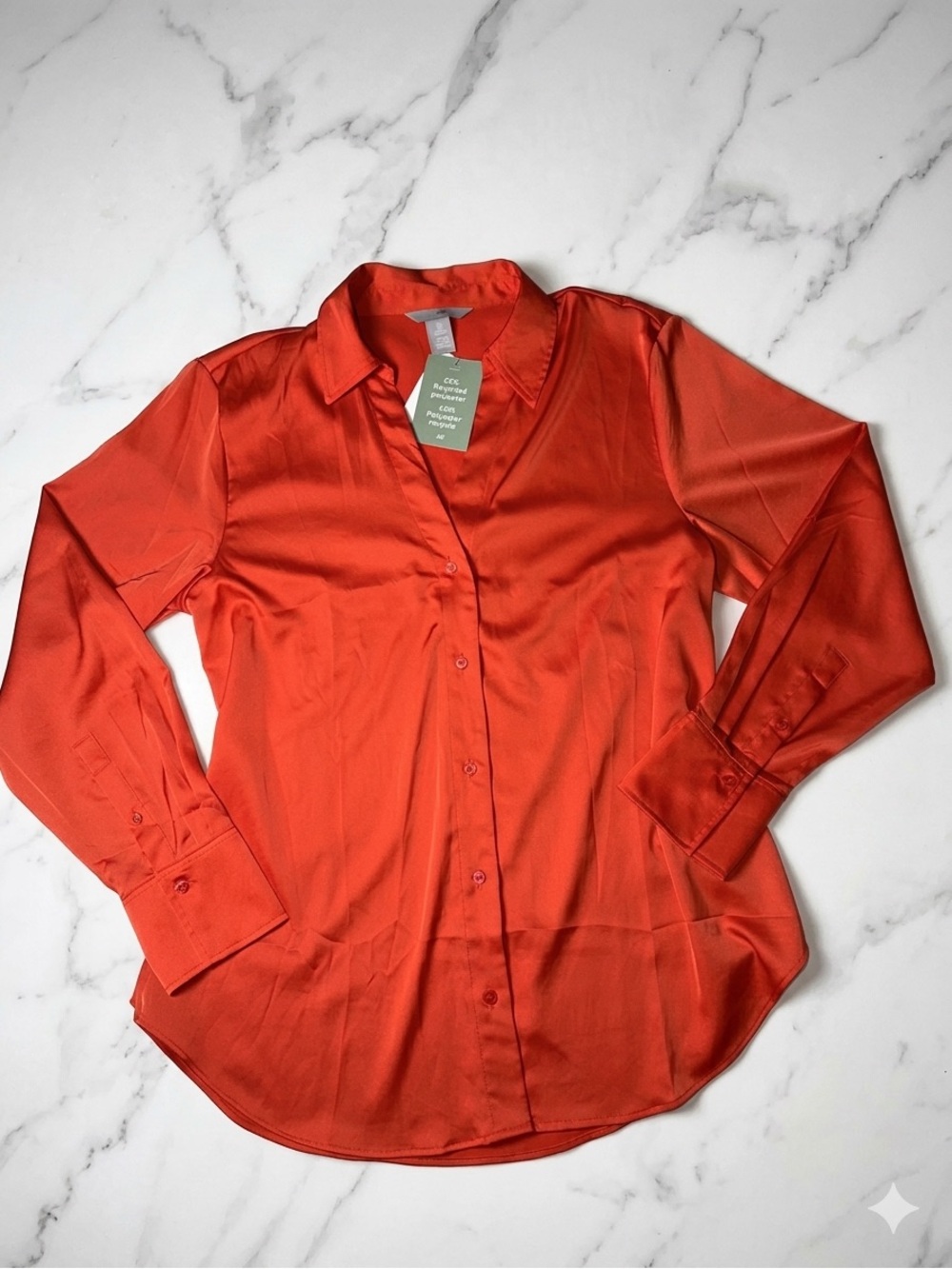 H&M Orange Satin Long Sleeve Blouse V-Neck Wide Cuff Button Down Shirt Size M